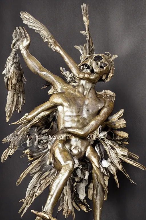 Image similar to Jean-Michel Basquiat as a bronze statue of Icarus reaching for the sun with a skull mask and wings as a corrupted and glitched Greek sculpture, glowing quartz crystal skull, wreath of ferns, abstract milky quartz eyes, many large flying monster eyes, flowing sakura silk, fabric, flowers. baroque elements, human skull. full-length view. baroque element. intricate artwork by caravaggio. many many birds birds on background. Trending on artstation. halo. octane render, cinematic, hyper realism, octane render, 8k, depth of field, 3D