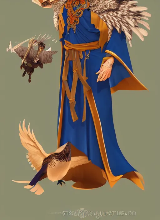 Image similar to male warlock with the head of a hawk, wind magic, blue robes, exquisite details, full body character design, white background, by studio muti