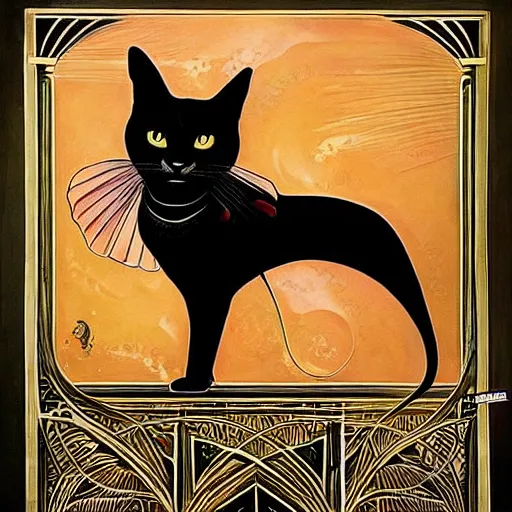 Prompt: beautiful, gorgeous art nouveau painting of a black egyptian cat, impressive, wonderful, very detailed, perfect anatomy, symmetrical, trending on artstation, masterpiece