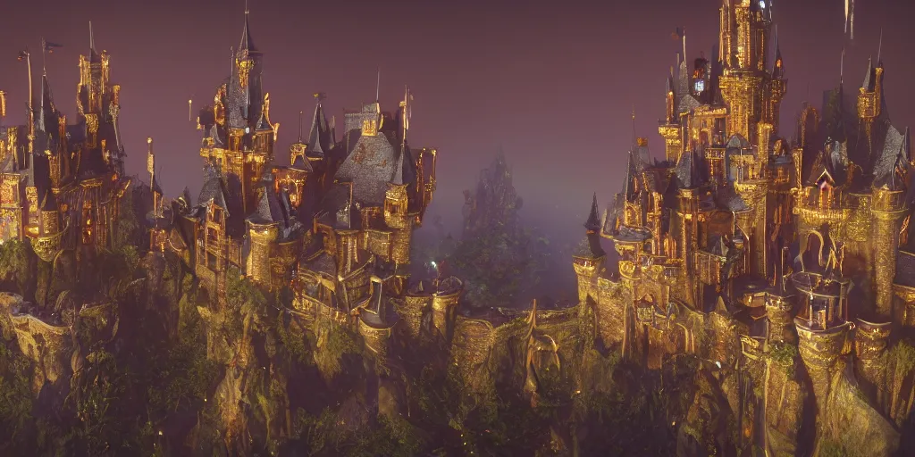 Image similar to a glittering fantasy castle at night, extremely detailed, Behrens style, unreal 5 render, fantasy digital art, octane render, beautiful composition, trending on artstation, award-winning photograph, masterpiece