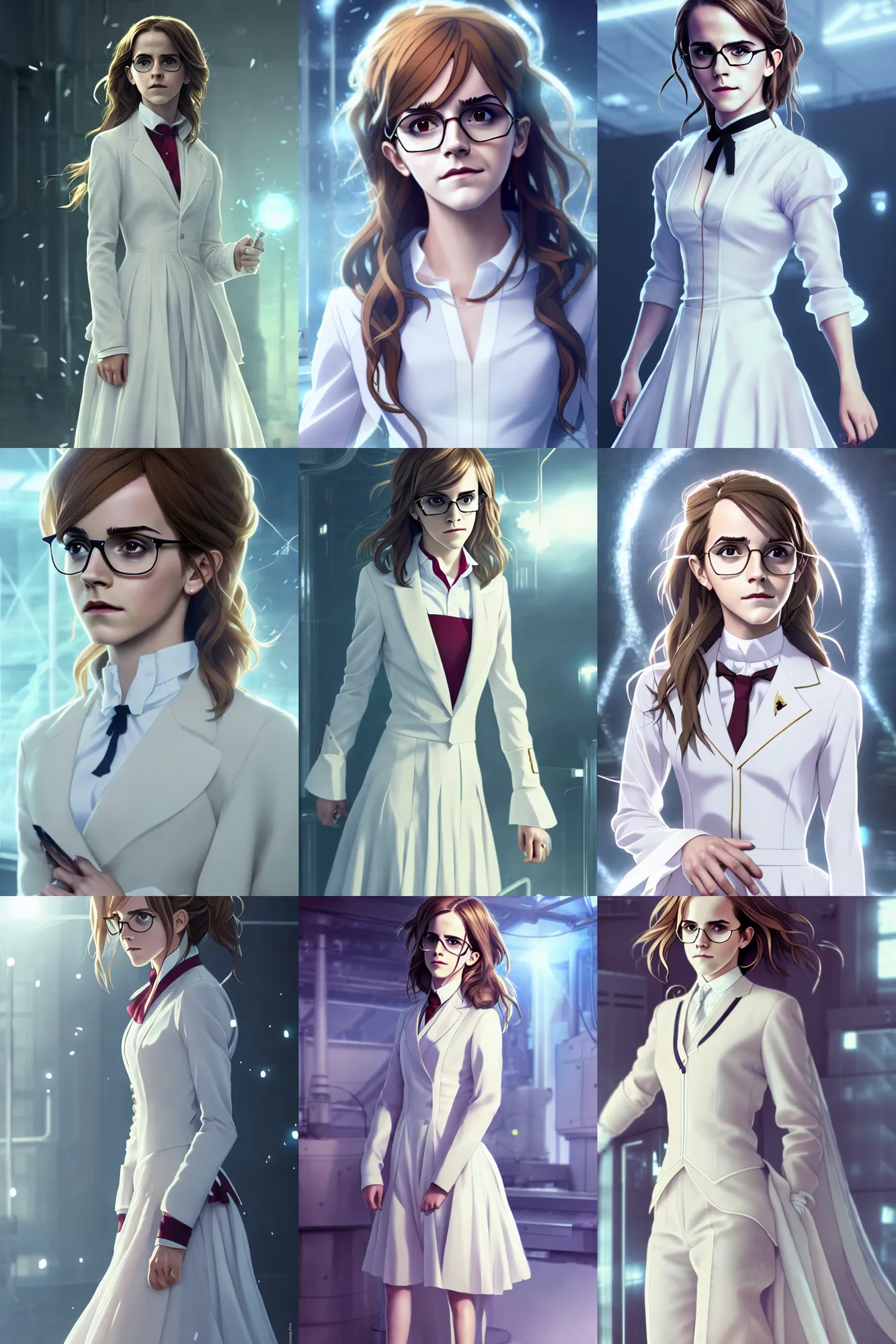 Prompt: emma watson act as hermione in a wedding dress, wearing white suit and glasses, standing inside a research facility, character art, anime key visual, official media, illustrated by wlop, intricate details, 8 k, trending on artstation, cinematic lighting, beautiful, cosplay