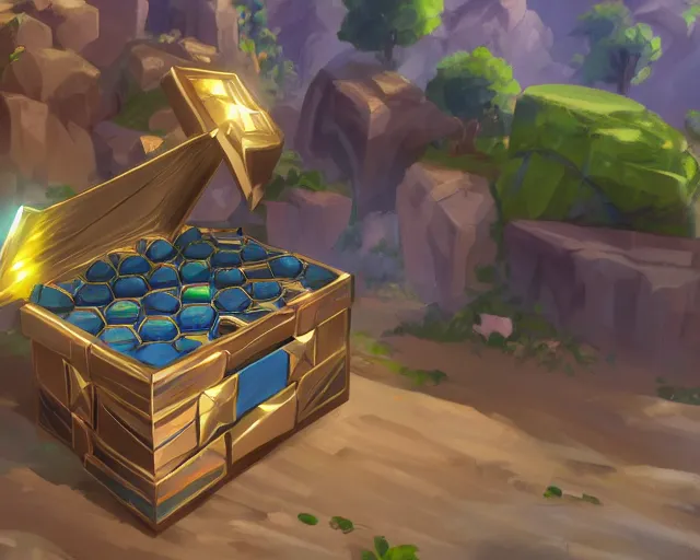Image similar to screenshot of a chest full of ingots and gems and precious in a ps 5 videogame, concept art, architecture design, pyramids style, rtx, nvidia, renderer, stunning graphics