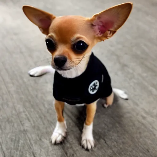 Image similar to a honey colored chihuahua puppy Showing off her streetwear , Oil pain