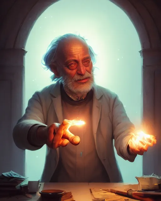 Image similar to highly detailed vfx portrait of an old and tired beppe hrillo casting a light spell, unreal engine, greg rutkowski, loish, rhads, beeple, makoto shinkai and lois van baarle, ilya kuvshinov, rossdraws, tom bagshaw, alphonse mucha, global illumination, detailed and intricate environment