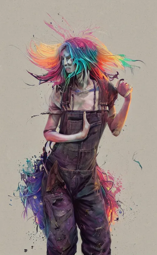 Prompt: a grungy stoner woman with rainbow hair, drunk, angry, soft eyes and narrow chin, dainty figure, long hair straight down, torn overalls, basic white background, side boob, symmetrical, single person, style of by Jordan Grimmer and greg rutkowski, crisp lines and color,