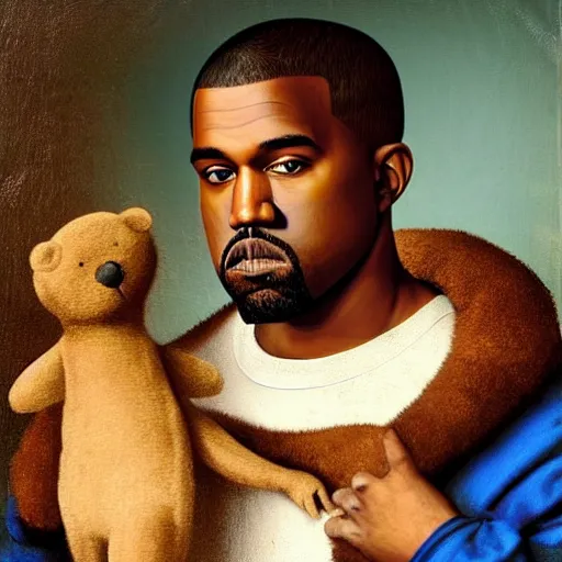 Image similar to A renaissance painting of Kanye West with a anthropomorphic Teddy Bear mascot, portrait, album cover,