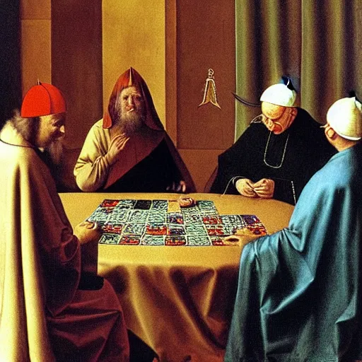 Image similar to the pope playing poker with satan, by van eyck