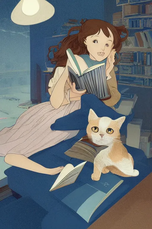 Prompt: a digital painting of a girl reading a book with a cat in A comfortable study room at night,jk uniform ,Hairdryer,blue theme,geometric shapes,S line,hard edges, by mucha and krenz cushart and range murata