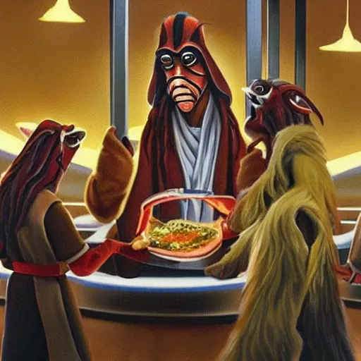 Prompt: a beautiful painting of jar jar binks working at McDonald's taking orders for a group of wookies