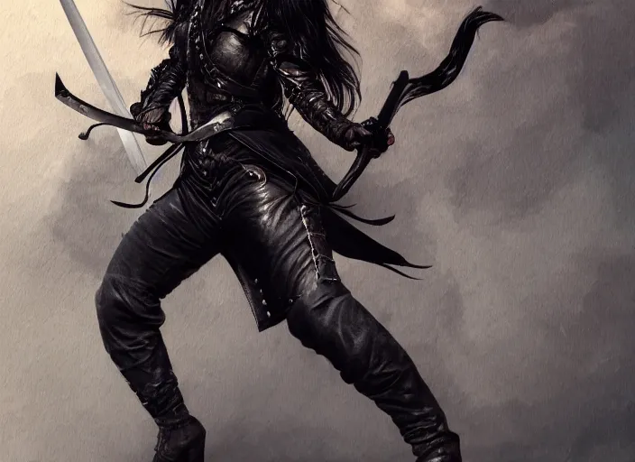 Prompt: an action photo of a black haired woman in a black leather jacket in a swordfight, muscular upper body, abs, d & d, fantasy, intricate, elegant, highly detailed, digital painting, artstation, concept art, smooth, sharp focus, illustration, art by simon bisley