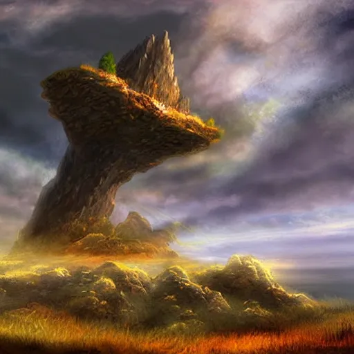 Image similar to a flying island in the sky, clouds background, a giant rock in the sky, epic fantasy style art, fantasy epic digital art