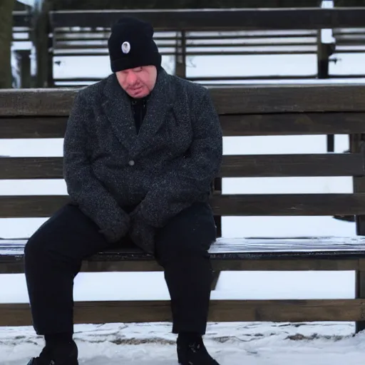Image similar to Kevin Malone wearing a black beanie hat and black wool overcoat sitting on a park bench during the winter