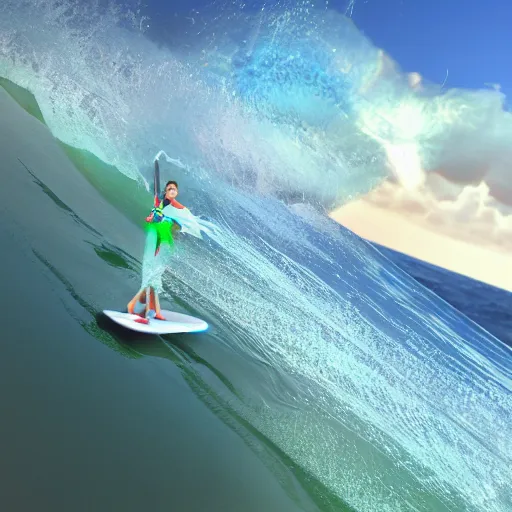 Prompt: 3 d render of nintendo switch as a human, surfboarding waves