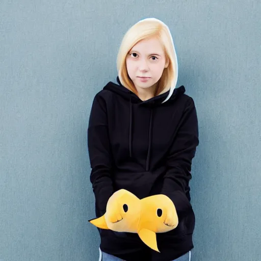 Image similar to a blonde girl in a black hoodie holding a blahaj blue shark plush from ikea, anime style