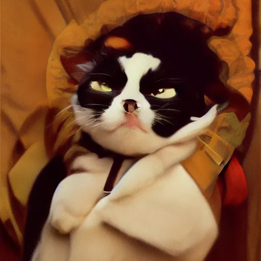 Image similar to realistic painting of a cat wearing a tuxedo, ultra long lens, 8 k, ultra, realistic, art by alphonse mucha