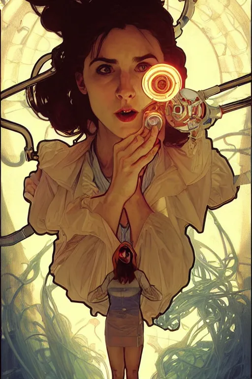 Image similar to doctor who, woman as a mad dentist in the tardis, art by artgerm and greg rutkowski and alphonse mucha