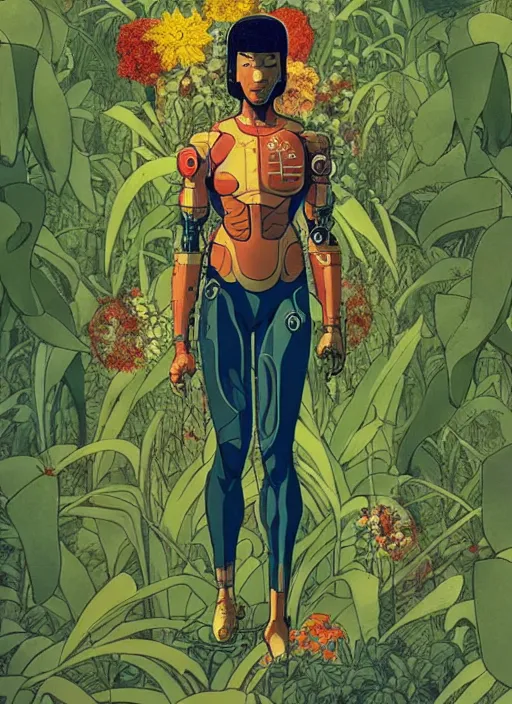 Image similar to a full body shot of cyborg in some plants with flowers for a face by satoshi kon and greg rutkowski, 7 0's vintage sci - fi flat surreal design