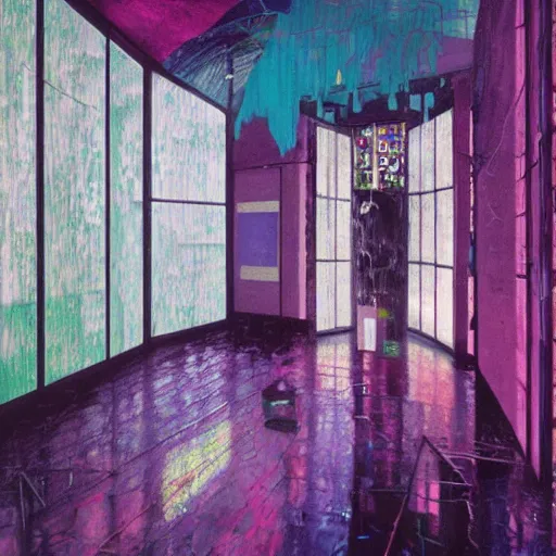 Prompt: 9 0 s interior with organic arched windows, rain like a dream, oil painting, volumetric lighting, cyberpunk, basquiat + francis bacon + gustav klimt + beeple, elevated street art, fantasy lut, textural, pink, blue, purple, green,