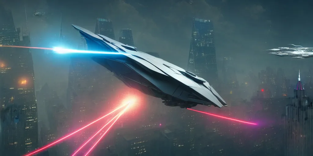 Prompt: futuristic space ship flying over new york city shooting lasers, 4 k, highly detailed, by greg rutkowski, artstation,