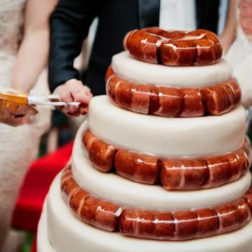 Image similar to a wedding cake made entirely out of meat and sausages with ketchup sauce. During wedding. Highly detailed 8k