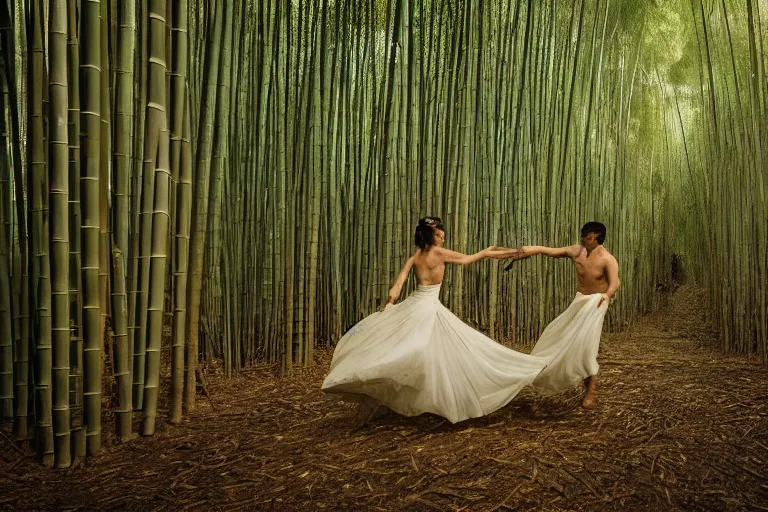 Image similar to cinematography closeup portrait of couple dancing in a bamboo forest, thin flowing fabric, audience of monkeys, natural light by Emmanuel Lubezki