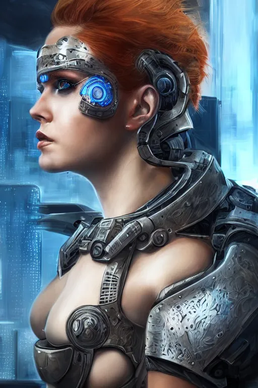Prompt: ultra realist and ultra intricate detailed soft painting of a beautiful sci-fi armored female, thin lustrous long auburn hair shaved on one side, symmetry features, glowing blue eyes, sensual gloomy style, volumetric clouds, cyberpunk background, artstation, unreal render, depth of field