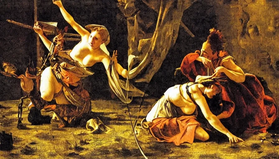 Image similar to saving Artax from a swamp full of spaghetti, in the style of Artemisia Gentileschi