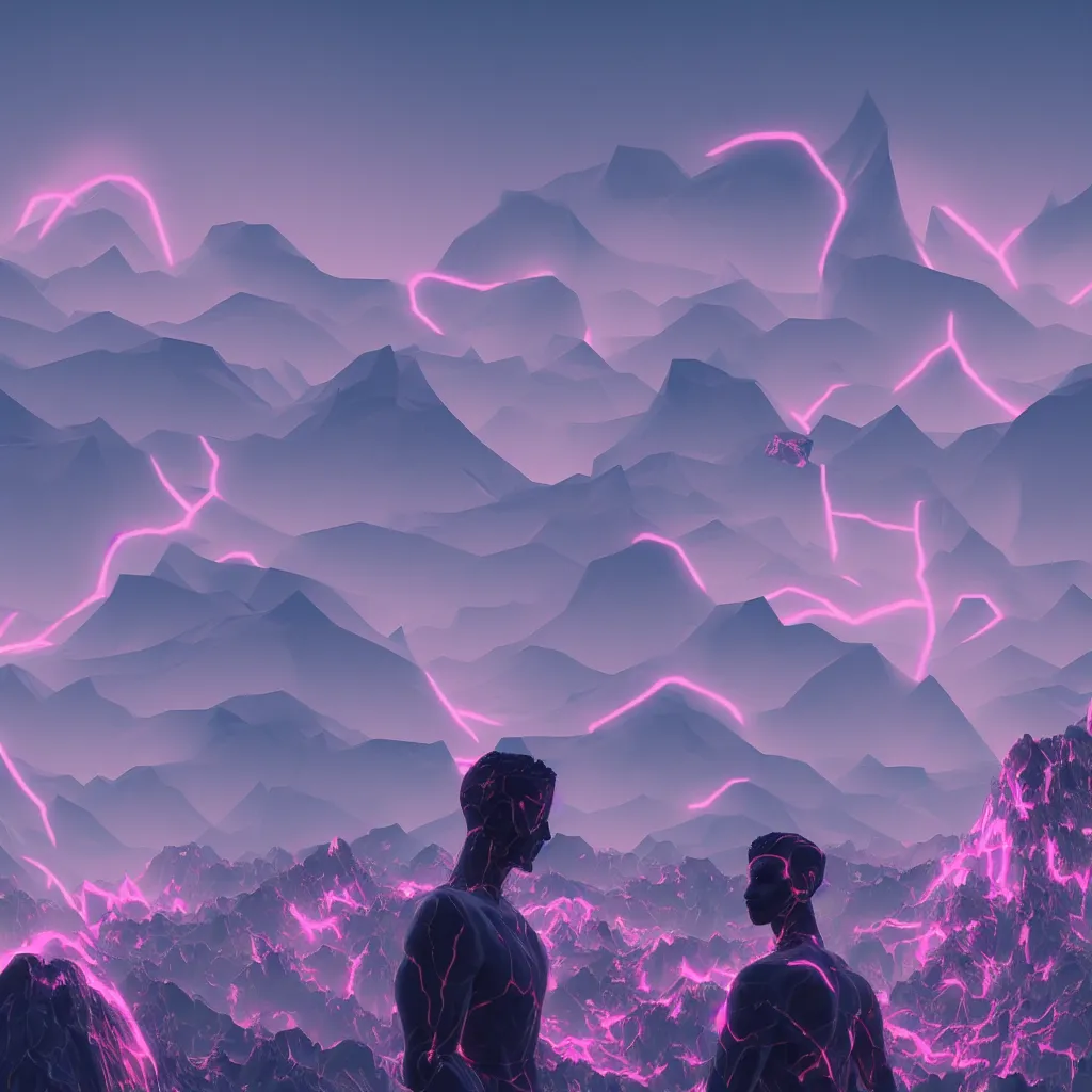 Image similar to manikin made of marble, fractal neon explosion revealing a portal to a vaporwave paracosm, mountains and city in background, rule of thirds, clean linework, dramatic, moody, introspective, cinematic, award winning, 4 k, trending on artstation, photorealistic, volumetric lighting, octane render