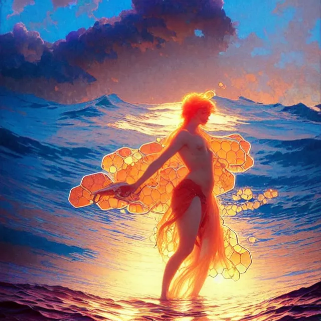 Image similar to backlit ocean waves of glossy kaleidoscopic liquid honey drops flowing like psychedelic translucent amber, lsd waves, lsd ripples, backlit, sunset, refracted lighting, art by collier, albert aublet, krenz cushart, artem demura, alphonse mucha