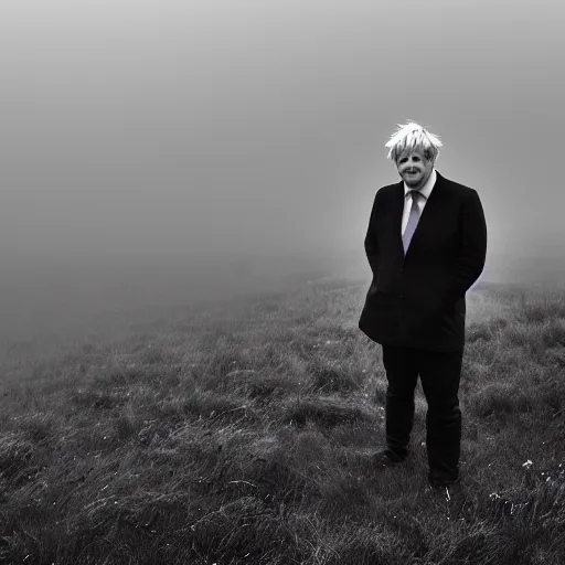 Prompt: Boris Johnson with a wide grin standing on a hill with a dead bodies in the background, black and white, creepy lighting, foggy atmosphere, scary, horror, ornate, eerie, fear