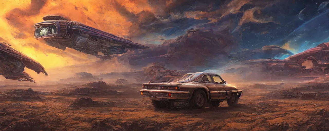 Image similar to cinematic vehicle in retro scifi landscape, beautiful colours, sharp textures, nikolay georgiev, alex ross, bruce pennington, donato giancola, larry elmore, masterpiece, oils on canvas, trending on artstation, featured on pixiv, cinematic composition, sharp, details, hyper - detailed, hd, hdr, 4 k, 8 k