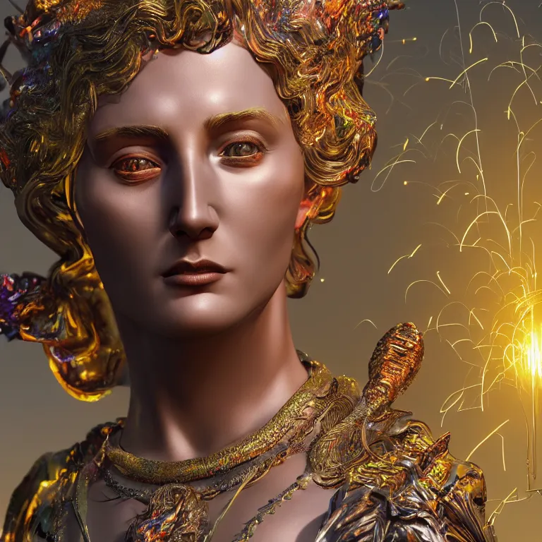 Image similar to octane render portrait by wayne barlow and carlo crivelli and glenn fabry, an incredibly realistic shiny reflective high - end colorful statue of a roman goddess made out of pored resin surrounded by flying colorful sparks, cinema 4 d, ray traced lighting, very short depth of field, bokeh