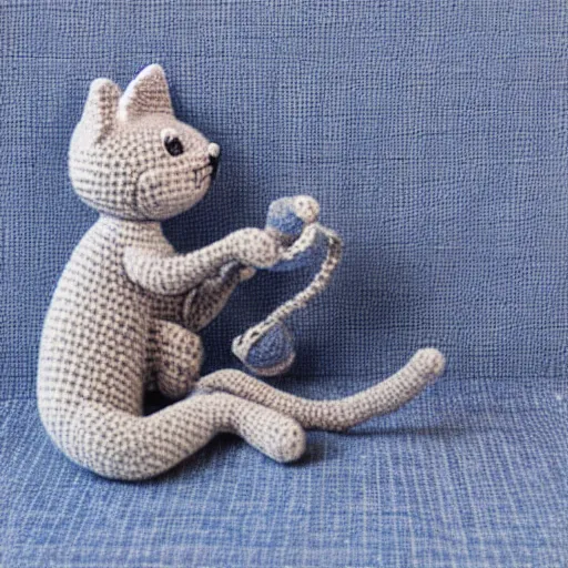 Image similar to product image of a crochet gray cat in light blue shirt playing crochet piano. beautifully made, very detailed, studio lighting, high quality, high resolution