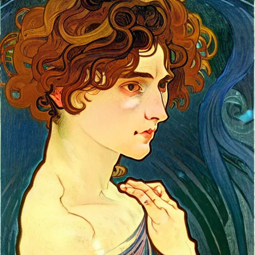 Prompt: painting of handsome beautiful dark medium wavy hair woman in his 2 0 s, dressed as an oracle, foreseeing the future, elegant, clear, painting, stylized, delicate, soft facial features, art, art by alphonse mucha, vincent van gogh, egon schiele