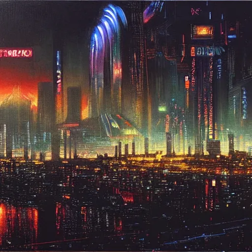 Image similar to Stunning painting of cyberpunk landscape of Chiba City at night from Neuromancer by the genius renowned cyberpunk painter William Gibson