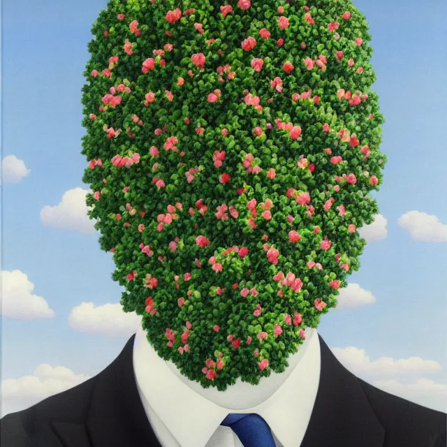 Prompt: portrait of a faceless beautiful flowers as head, man in a suit, clouds in the background, by rene magritte, detailed painting, distance!!!!!!, centered, hd, hq, high resolution, high detail, 4 k, 8 k