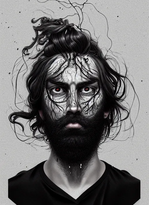 Image similar to a dream portrait of a shy boy with long hair and full beard, black & white, melting, webbing, 8 k, by tristan eaton, stanley artgerm, tom bagshaw, greg rutkowski, carne griffiths, ayami kojima, beksinski, giger, trending on deviantart, face enhance, hyper detailed, minimalist, horror, alien