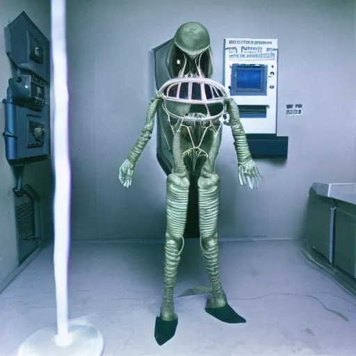 Image similar to alien captured by soviet scientists in underground laboratories, top secret style, realistic photo, cinestill 8 0 0 t, 1 9 7 0 s, color