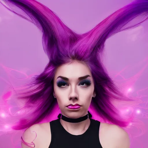 Image similar to a award winning action upper body portrait of a beautiful woman with a ombre purple pink hairstyle with head in motion and hair flying, choker, outrun, vaporware, vivid colors, highly detailed, fine detail, intricate