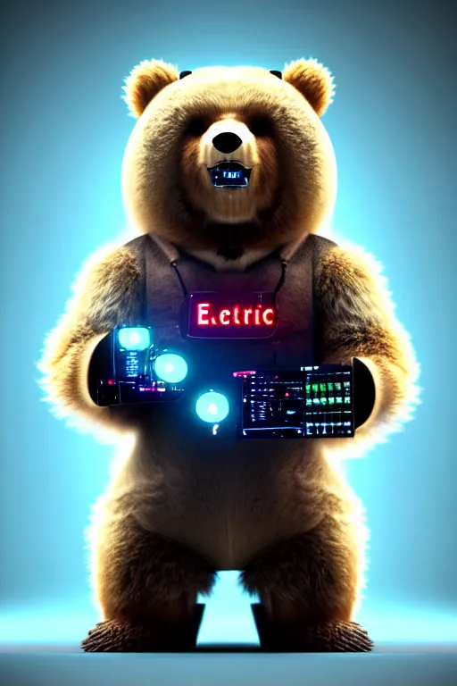 Image similar to high quality 3 d render very cute fluffy cyborg bear! plays electric guitar, cyberpunk highly detailed, unreal engine cinematic smooth, in the style of blade runner & detective pikachu, hannah yata charlie immer, moody light, low angle, uhd 8 k, sharp focus