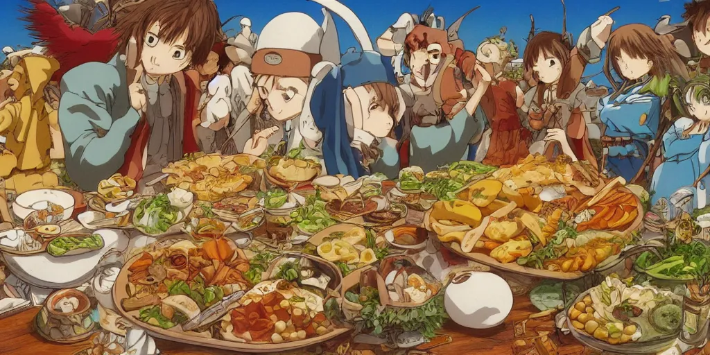 Image similar to A feast for the whole kingdom, very detailed, anime, Delicious, Plump, Juicy, Hot Food, large white border, hd, high resolution print :1 by Hayao Miyazaki, Nausicaa, studio Ghibli style, Anime wallpaper, cell shading, trending on deviant art :1