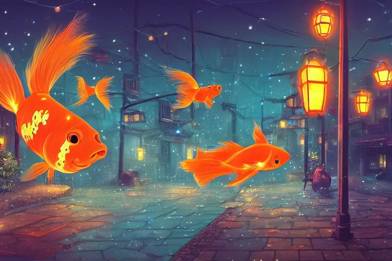 Image similar to fantasy art of glowing goldfish swimming in the air, in the streets of a japanese town at night, with people watching in wonder, in the style of studio ghibli and makoto shinkai, highly detailed digital art, trending on artstation