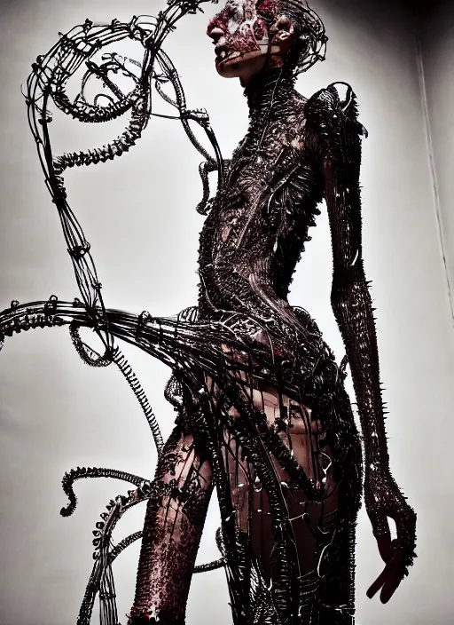 Image similar to walking down the catwalk, steven klein, show, stage, vogue photo, podium, fashion show photo, historical baroque dress, iris van herpen, beautiful woman, full body shot, masterpiece, intricate, wires, veins, jellyfishs, biopunk, guyver, highly detailed