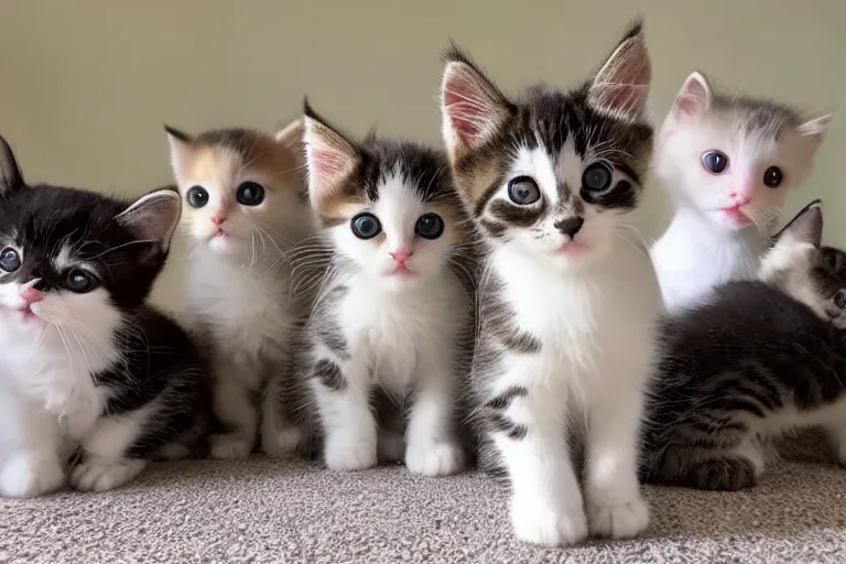 Image similar to a living room full of cute kittens that are all sitting positioned directly at the camera and all of the kittens are looking directly into the camera