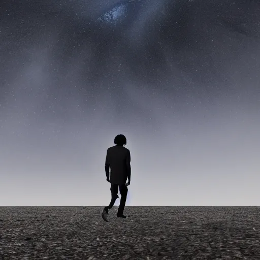 Prompt: a black man with long curly hair, with his back turned, walking into a deep dark florest, Andromeda Galaxy on the background sky, very realistic digital art, wide panoramic shot, 8k, 4k, realistic, detailed, artstationHD, artstationHQ