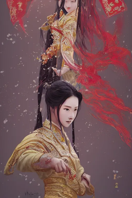 Image similar to portrait wuxia sword dance Girl, Chinese costume, in forbidden City Rainning, flowers sea everywhere, ssci-fi, fantasy, intricate, very very beautiful, elegant, highly detailed, digital painting, artstation, concept art, smooth, sharp focus, illustration, art by tian zi and WLOP and alphonse mucha