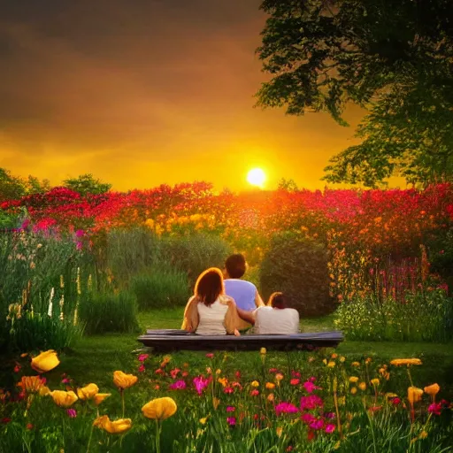 Image similar to two lovers sit in a garden, surrounded by a field of flowers. the sun sets in the distance, casting a warm glow over the scene.