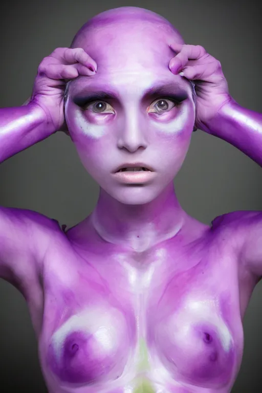 Image similar to purple - skinned alien girl, cosplay, photo shoot, body paint, beautiful symmetric face, studio lighting