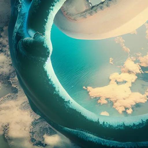 Prompt: aerial view of an alien ocean with clouds above it, sea leviathan serpent emerging out of the water, mountains on the background, octane render, detailed,