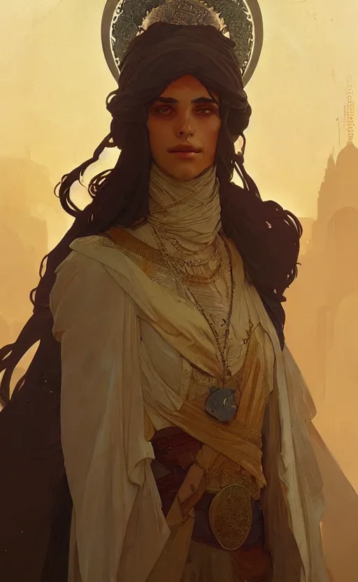 Prompt: a personification of the middle east, highly detailed, digital painting, artstation, concept art, sharp focus, illustration, art by greg rutkowski and alphonse mucha